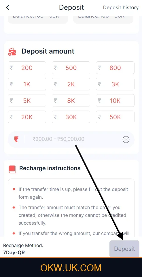 Click Deposit Button on Ok Win